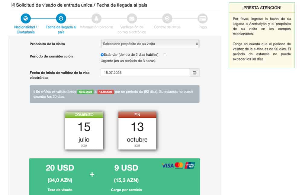 precio del visado de viaje a Azerbaiyán